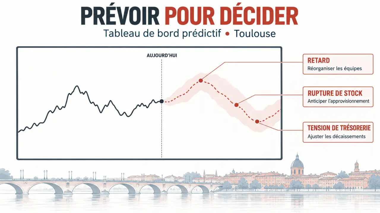 Illustration d’un tableau de bord prédictif à Toulouse distinguant prévisions, incertitude et alertes métier