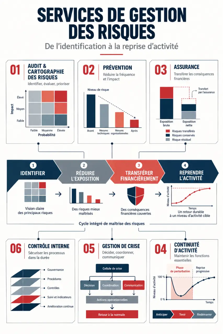 Infographie des domaines couverts par les risk management services en entreprise