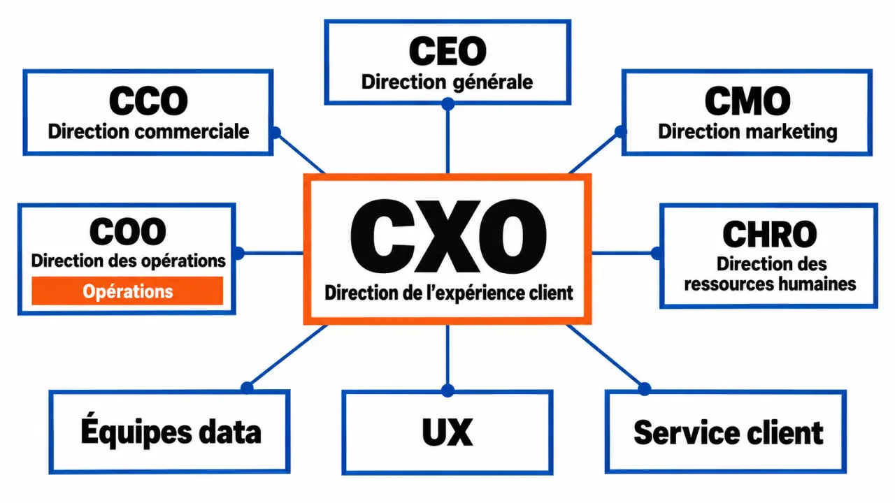 CXO au centre de la C-suite et en interaction avec les équipes marketing, opérations, RH, data et service client