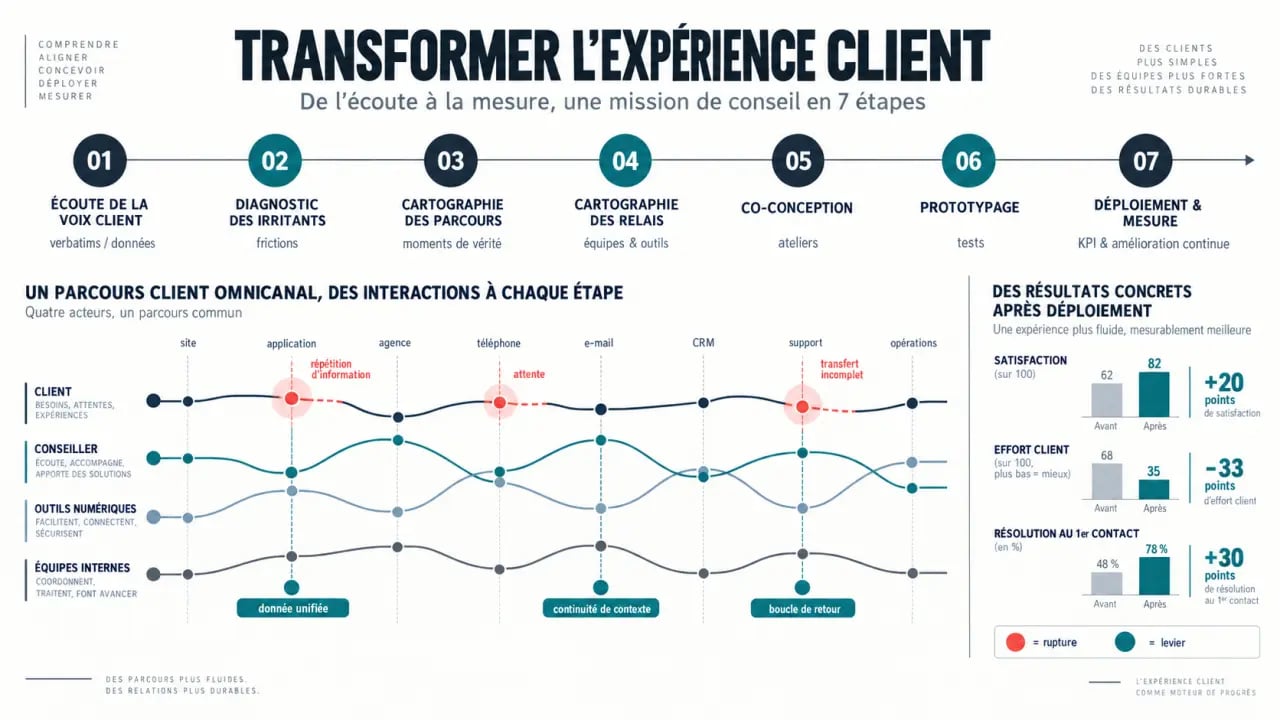 Cabinet conseil experience client : infographie des étapes d’une mission de transformation des parcours
