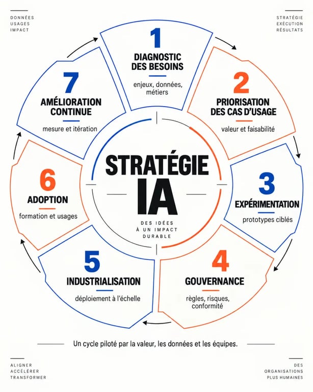 Infographie du cycle complet du conseil stratégie IA, du diagnostic à l’industrialisation et à l’adoption