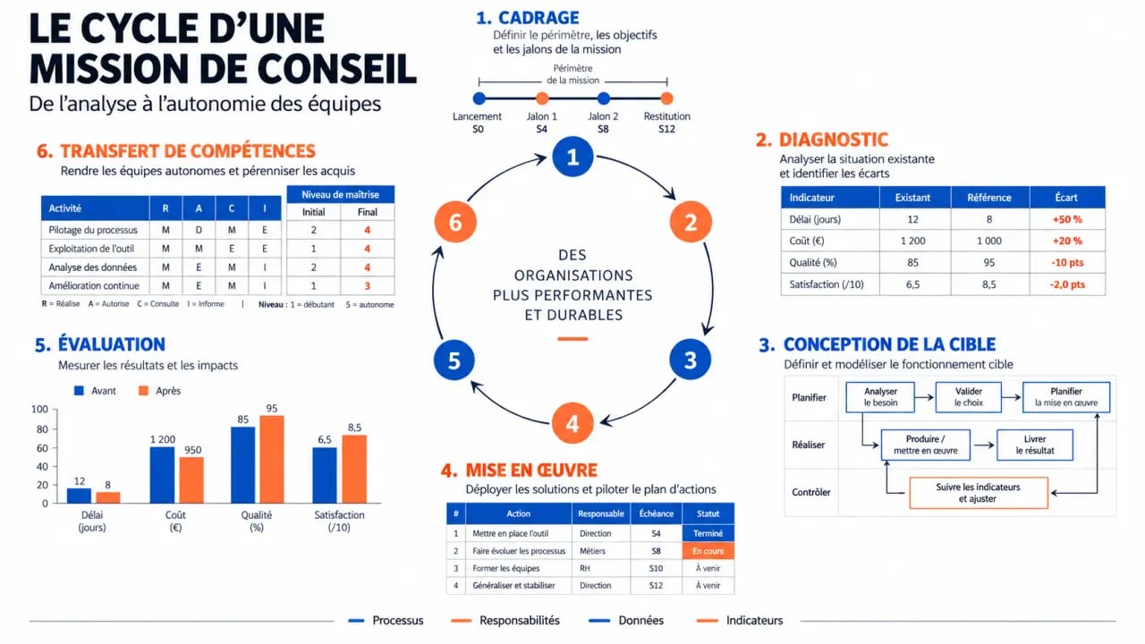 Cycle d'une mission de conseil en organisation, du cadrage à l'évaluation des résultats